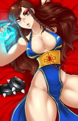 Rule 34 | 1girl, alternate color, alternate costume, alternate hairstyle, black dress, breasts, brown hair, capcom, china dress, chinese clothes, chun-li, cleavage, dojipan, dress, energy ball, highres, looking at viewer, lying, on back, player 2, solo, street fighter, street fighter v