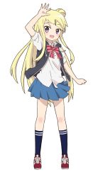 Rule 34 | 10s, 1girl, :d, arm up, black socks, blonde hair, blue skirt, blue socks, bow, bowtie, collared shirt, eyebrows, full body, hair bun, hair ornament, hairclip, hara yui, head tilt, highres, hood, hooded jacket, jacket, kin-iro mosaic, kneehighs, kujou karen, long hair, official art, open clothes, open jacket, open mouth, puffy short sleeves, puffy sleeves, purple eyes, red bow, red bowtie, red footwear, school uniform, shirt, shoes, short sleeves, single hair bun, skirt, smile, sneakers, socks, solo, striped bow, striped bowtie, striped clothes, striped neckwear, swept bangs, transparent background, very long hair, waving, white shirt, wing collar, x hair ornament