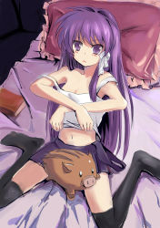 Rule 34 | 00s, 1girl, absurdres, bad id, bad pixiv id, bed, black thighhighs, boar, book, botan (clannad), breasts, clannad, cleavage, frilled pillow, frills, fujibayashi kyou, hair ribbon, highres, long hair, midriff, navel, niangao, pillow, purple eyes, purple hair, ribbon, sitting, skirt, small breasts, solo, strap slip, thighhighs, undressing, wariza