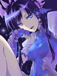 Rule 34 | 1girl, black hair, blue eyes, china dress, chinese clothes, dress, fingerless gloves, fins, gloves, hair ornament, hairpin, head fins, highres, horns, ishiyumi, karin (p&amp;d), long hair, open mouth, puzzle &amp; dragons