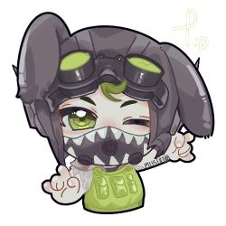 Rule 34 | 1boy, \m/, animal ears, animification, apex legends, arm tattoo, black headwear, chencucucucu, chibi, chinese commentary, goggles, goggles on headwear, green eyes, green hair, green vest, looking at viewer, lowres, male focus, mask, mouth mask, octane (apex legends), one eye closed, rabbit ears, solo, tattoo, vest