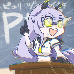 Rule 34 | 1girl, :d, artist name, azur lane, black gloves, black sailor collar, blurry, blurry foreground, board, chibi, chromatic aberration, classroom, crop top, desk, emphasis lines, fukuinu daddy, gloves, glowing, glowing eye, glowing eyes, grey hair, hand up, highres, index finger raised, jaggy lines, long hair, looking to the side, neckerchief, open mouth, pointing, pointing up, ponytail, sailor collar, sailor shirt, school desk, shirt, short sleeves, sidelocks, purifier (azur lane), sketch, smile, solo, table, teeth, twitter username, upper body, upper teeth only, very long hair, white shirt, yellow eyes, yellow neckerchief
