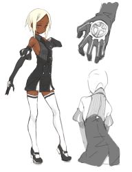 Rule 34 | 1girl, azuki (azuki-taste), black necktie, blonde hair, breasts, brown eyes, character sheet, contrapposto, dark skin, detached sleeves, dress, earrings, elbow gloves, female focus, full body, gloves, hand on own chest, highres, jewelry, mary janes, multiple views, necktie, original, partially colored, platinum blonde hair, puffy sleeves, shirt, shoes, short hair, sideboob, simple background, sleeveless, small breasts, standing, striped clothes, striped shirt, thighhighs, vertical stripes, white background, white thighhighs, zettai ryouiki