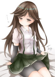 Rule 34 | 1girl, arashio (kancolle), arm support, arm warmers, bed sheet, bike shorts, black shorts, blush, breasts, brown eyes, brown hair, closed mouth, clothes lift, collared shirt, commentary request, dakkusu, dated, dress shirt, green skirt, highres, kantai collection, lifted by self, long hair, pleated skirt, shirt, short shorts, shorts, shorts under skirt, signature, sitting, skirt, skirt lift, small breasts, smile, solo, suspender skirt, suspenders, very long hair, white background, white shirt