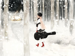 Rule 34 | 1girl, aqua eyes, bonnet, boots, coat, female focus, forest, full body, fur hat, guitar case, hat, highres, instrument case, katase waka, long hair, looking back, megurine luka, nature, outdoors, pink hair, sky, snow, solo, vocaloid
