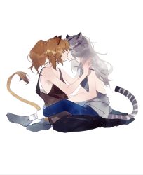 Rule 34 | 2girls, animal ears, arknights, backless outfit, bare arms, black pants, blue pants, brown hair, brown shirt, cat ears, cat tail, couple, closed eyes, grey footwear, grey hair, grey shirt, hands on another&#039;s shoulders, hands on another&#039;s waist, highres, indra (arknights), kiss, leg lock, lion ears, lion tail, llmia4, long hair, loose clothes, loose shirt, multiple girls, pants, ponytail, shirt, siege (arknights), simple background, socks, tail, tank top, white background, white footwear, yuri