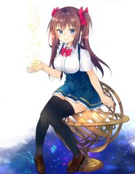 Rule 34 | 1girl, armillary sphere, black thighhighs, blue eyes, blue skirt, blush, bow, bowtie, breasts, brown footwear, brown hair, capricorn (constellation), collared shirt, commentary request, constellation, cupping hand, dress, hair bow, highres, hime (peke (xoxopeke)), libra (constellation), loafers, long hair, looking at viewer, medium breasts, original, peke (xoxopeke), pinafore dress, red bow, red bowtie, scorpius (constellation), shirt, shoes, short sleeves, sidelocks, sitting, skirt, sleeveless, sleeveless dress, solo, sparkle, star (sky), thighhighs, twintails, underbust, white shirt