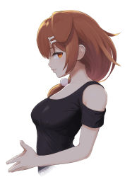 Rule 34 | 1girl, animal ears, bare shoulders, black shirt, breasts, brown eyes, brown hair, closed mouth, clothing cutout, covered erect nipples, dog ears, dog hair ornament, from side, hair ornament, hair over shoulder, hairclip, highres, hololive, inugami korone, inugami korone (loungewear), lips, long hair, looking at viewer, looking to the side, medium breasts, own hands clasped, own hands together, sabaku chitai, shirt, shoulder cutout, sideways glance, simple background, solo, upper body, virtual youtuber, white background
