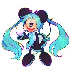 Rule 34 | 1boy, animal ears, aqua hair, black skirt, black sleeves, blue eyes, blue necktie, boots, commentary, cosplay, detached sleeves, disney, full body, girly boy, gloves, hair ornament, hatsune miku, hatsune miku (cosplay), high heels, leaning forward, long hair, looking at viewer, mickey mouse, mouse boy, mouse ears, mouse tail, necktie, open mouth, rainbow outline, skirt, solo, strwbwwymlk, tail, thigh boots, thighhighs, transparent background, twintails, very long hair, vocaloid, white background, white gloves