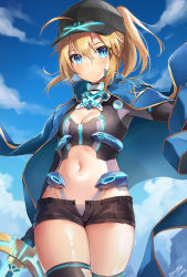 Rule 34 | 1girl, absurdres, ahoge, artist name, artoria pendragon (fate), bad id, bad pixiv id, baseball cap, black gloves, black hat, black shorts, black thighhighs, blue eyes, blue jacket, blue sky, blush, breasts, cleavage, cleavage cutout, closed mouth, clothing cutout, cloud, cowboy shot, day, fate/grand order, fate (series), gloves, glowing, glowing sword, glowing weapon, hat, highleg, highleg leotard, highres, holding, holding sword, holding weapon, ishida umi, jacket, jacket on shoulders, leotard, leotard under clothes, looking at viewer, mysterious heroine x (fate), mysterious heroine x (third ascension) (fate), navel, navel cutout, open clothes, open fly, open jacket, open shorts, outdoors, purple leotard, short hair, short ponytail, shorts, sky, small breasts, solo, stomach, sword, thighhighs, thighs, weapon