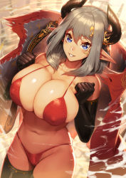 Rule 34 | 1girl, bare shoulders, bikini, black gloves, black thighhighs, blue eyes, breasts, cape, cleavage, covered erect nipples, cowboy shot, elbow gloves, gloves, grey eyes, halterneck, halterneck, horns, huge breasts, looking at viewer, medium hair, nose, ogino (oginogino), original, pointy ears, red bikini, single thighhigh, solo, standing, swimsuit, thighhighs