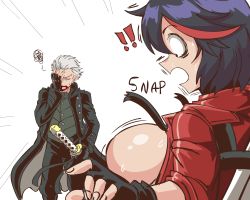 Rule 34 | !, !!, 1boy, 1girl, backboob, black hair, breasts, capcom, crossover, dante (devil may cry), devil may cry (series), devil may cry 5, emphasis lines, english text, facepalm, highres, kill la kill, large breasts, lewdamone, matoi ryuuko, motion lines, no bra, short hair, spoken squiggle, squiggle, surprised, sweat, vergil (devil may cry), wardrobe malfunction, white hair