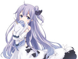 Rule 34 | 1girl, ahoge, azur lane, bare shoulders, black bow, black ribbon, blush, bow, commentary request, covered mouth, detached sleeves, dress, hair between eyes, hair bun, hair ribbon, long hair, long sleeves, hugging object, one side up, purple eyes, purple hair, ribbon, simple background, single hair bun, sleeves past wrists, solo, stuffed animal, stuffed toy, stuffed winged unicorn, sukireto, unicorn (azur lane), very long hair, white background, white dress, white sleeves