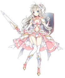 Rule 34 | 1girl, armor, blush, breasts, cleavage, closed mouth, elbow gloves, full body, garter straps, gloves, holding, holding shield, holding sword, holding weapon, large breasts, long hair, looking at viewer, original, pingo, shield, silver hair, solo, sword, thighhighs, weapon, white gloves, white thighhighs