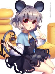 Rule 34 | &gt;:o, 1girl, :o, animal ears, basket, black dress, blue ribbon, blush, capelet, cheese, commentary request, cowboy shot, dowsing rod, dress, food, grey hair, holding, jewelry, long sleeves, looking at viewer, masaru.jp, mouse (animal), mouse ears, mouse tail, nazrin, necklace, open mouth, pointing, pointing at viewer, puffy long sleeves, puffy sleeves, red eyes, ribbon, short hair, simple background, sitting, solo, tail, touhou, twitter username, v-shaped eyebrows, white background