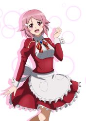 Rule 34 | 1girl, :d, absurdres, apron, blush, bow, bowtie, freckles, frilled apron, frilled skirt, frills, hair between eyes, hair ornament, hairclip, highres, ken-ji, lisbeth (sao), long sleeves, looking at viewer, medium skirt, open mouth, pink hair, pleated skirt, red eyes, red skirt, shadow, shirt, short hair, skirt, smile, solo, standing, striped bow, striped bowtie, striped clothes, striped neckwear, sword art online, waist apron, white apron, white background, white shirt