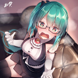 Rule 34 | .live, 1girl, amanuki-san, arm ribbon, bare shoulders, black skirt, black thighhighs, blush, breasts, collared shirt, couch, elbow gloves, from above, gloves, green eyes, green hair, heart, heart-shaped pupils, kagura suzu (.live), long hair, looking at viewer, medium breasts, nose blush, open mouth, ribbon, shirt, side ponytail, sitting, skirt, skirt set, sleeveless, sleeveless shirt, solo, steam, sweat, symbol-shaped pupils, thighhighs, very long hair, virtual youtuber, wavy eyebrows, wavy mouth, white gloves