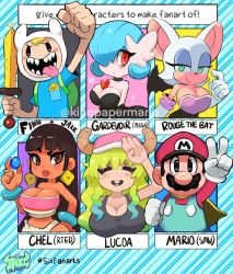 Rule 34 | 3boys, 4girls, adventure time, alternate color, animal ears, bangle, bare shoulders, baseball cap, bat ears, bat wings, black hair, blonde hair, blouse, blue overalls, blush, bracelet, breasts, brown eyes, bursting breasts, cape, cape mario, character name, chel (the road to el dorado), cleavage, closed eyes, copyright name, cowboy shot, creatures (company), crossover, dark skin, dot nose, dragon girl, dragon horns, earrings, elbow gloves, english text, eyeshadow, finn the human, game freak, gardevoir, gen 3 pokemon, gloves, gradient hair, green eyes, green hair, grin, half-closed eyes, hat, highres, holding, holding sword, holding weapon, horns, horns through headwear, jake the dog, jewelry, kobayashi-san chi no maidragon, large breasts, lips, loincloth, long hair, looking at viewer, lucoa (maidragon), makeup, mario, mario (series), mega pokemon, multicolored hair, multiple boys, multiple crossover, multiple drawing challenge, multiple girls, nintendo, open mouth, overalls, pokemon, pokemon (creature), red lips, red shirt, rouge the bat, shiny clothes, shiny pokemon, shiny skin, shirt, six fanarts challenge, smile, sonic (series), striped, striped background, super mario world, sword, tagme, tank top, teeth, the road to el dorado, thick lips, thick thighs, thighs, twitter username, upper body, v, watermark, weapon, wide hips, wings