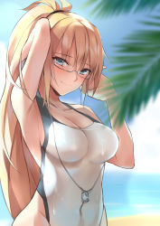 Rule 34 | 1girl, absurdres, arms up, beach, blonde hair, blue eyes, blurry, breasts, competition swimsuit, cowboy shot, day, depth of field, fate/grand order, fate (series), glasses, highleg, highleg swimsuit, highres, jeanne d&#039;arc (fate), jeanne d&#039;arc (ruler) (fate), jeanne d&#039;arc (swimsuit archer) (fate), jeanne d&#039;arc (swimsuit archer) (second ascension) (fate), large breasts, looking at viewer, ocean, one-piece swimsuit, outdoors, pj, ponytail, smile, solo, swimsuit, whistle, whistle around neck, white one-piece swimsuit