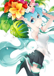 Rule 34 | 1girl, aqua eyes, aqua hair, arms up, bacu, boots, flower, hair flower, hair ornament, hatsune miku, long hair, necktie, petals, simple background, skirt, solo, thigh boots, thighhighs, twintails, very long hair, vocaloid, white background