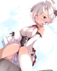 Rule 34 | 1girl, ahoge, arm belt, azur lane, bare shoulders, black skirt, bolt, breasts, center frills, detached sleeves, dutch angle, frills, hair over one eye, highres, kneehighs, knees together feet apart, large breasts, looking at viewer, maosame, miniskirt, red eyes, red ribbon, ribbon, short hair, simple background, single kneehigh, single sock, sitting, skirt, sleeves past wrists, socks, solo, stitches, terror (azur lane), white background, white hair, white socks
