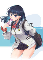 Rule 34 | 1girl, absurdres, backpack, bag, black hair, black skirt, blue eyes, blue shirt, blush, bow, bowtie, cardigan, cellphone, closed mouth, collared shirt, commentary request, copyright name, english text, grey background, gridman universe, gridman universe (film), hair behind ear, highres, holding, holding phone, long hair, looking at viewer, miniskirt, nt50, orange scrunchie, phone, pleated skirt, red bow, red bowtie, school uniform, scrunchie, shirt, simple background, sitting, skirt, smartphone, smile, solo, ssss.gridman, sweater, sweater vest, takarada rikka, thighs, v-neck, white cardigan, white sweater, wrist scrunchie