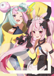 Rule 34 | 2girls, absurdres, animal ears, bow-shaped hair, camisole, character hair ornament, creatures (company), crossover, game freak, hair ornament, highres, indie virtual youtuber, iono (pokemon), kirima (zs at ), long hair, low-tied long hair, low twintails, multicolored hair, multiple girls, nintendo, oversized clothes, pink eyes, pink hair, pokemon, pokemon sv, rabbit ears, red camisole, sharp teeth, teeth, tomari mari, twintails, two-tone hair, very long hair, virtual youtuber