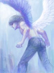 Rule 34 | 1boy, angel wings, bent over, denim, from behind, highres, jeans, legs apart, male focus, nishi, original, pants, pocket, topless male, silver hair, solo, standing, wings