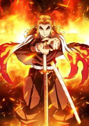 Rule 34 | 1boy, belt, black jacket, black pants, blonde hair, buttons, cleaned, eyebrows, fingernails, fire, flame print, gakuran, haori, highres, holding, holding sword, holding weapon, jacket, japanese clothes, kimetsu no yaiba, long hair, long sleeves, looking at viewer, male focus, multicolored eyes, multicolored hair, pale skin, pants, red eyes, red hair, rengoku kyoujurou, school uniform, sleeves past elbows, smile, solo, solo focus, standing, sword, textless version, third-party edit, third-party source, two-tone hair, weapon, yellow eyes