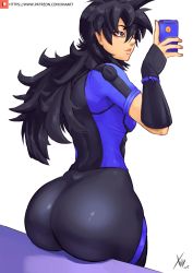Rule 34 | 1girl, ass, ass focus, black hair, blue eyes, breasts, cellphone, dragon ball, dragon ball xenoverse, fingerless gloves, from behind, gloves, huge ass, long hair, medium breasts, original, pants, parted lips, phone, selfie, shiny clothes, shirt, sideboob, sitting, smile, solo, spandex, xhaart