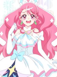 Rule 34 | 1girl, artist name, ascot, asymmetrical bangs, big hair, bow, brooch, commentary, cosplay, cure grace, cure prism, cure prism (cosplay), dress, dress bow, earrings, elbow gloves, gloves, hair bow, hanadera nodoka, healin&#039; good precure, highres, hirogaru sky! precure, in-franchise crossover, jewelry, layered dress, leaf earrings, looking at viewer, magical girl, medium dress, momotarouooi, open mouth, pink eyes, pink hair, precure, in-franchise crossover, signature, sleeveless, sleeveless dress, smile, solo, wavy mouth, white ascot, white bow, white gloves, wing brooch