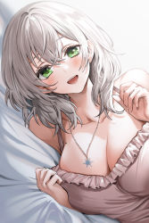 Rule 34 | 1girl, bare shoulders, blush, breasts, cleavage, collarbone, green eyes, grey hair, hair between eyes, highres, hololive, jewelry, large breasts, looking at viewer, lying, mole, mole on breast, necklace, on side, open mouth, shirogane noel, short hair, smile, solo, teeth, upper teeth only, virtual youtuber, yuki (asayuki101)