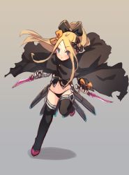 Rule 34 | 1girl, abigail williams (fate), bandaged arm, bandages, black bow, black cloak, black footwear, black gloves, black panties, black shirt, black thighhighs, blonde hair, blue eyes, blush, boots, bow, brown background, cloak, closed mouth, commentary, cosplay, dagger, dual wielding, english commentary, fate/apocrypha, fate/grand order, fate (series), fingerless gloves, full body, gloves, gradient background, grey background, hair between eyes, high ponytail, holding, holding dagger, holding knife, holding weapon, jack the ripper (fate/apocrypha), jack the ripper (fate/apocrypha) (cosplay), knife, long hair, looking at viewer, miya (miyaruta), navel, orange bow, panties, parted bangs, ponytail, shadow, sheath, shirt, sidelocks, single glove, sleeveless, sleeveless shirt, solo, standing, standing on one leg, thigh boots, thighhighs, torn cloak, torn clothes, underwear, unsheathed, v-shaped eyebrows, very long hair, weapon