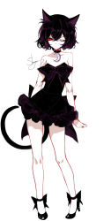 Rule 34 | 1girl, absurdres, animal ear fluff, animal ears, artist name, bad id, bad pixiv id, bare arms, bare legs, bare shoulders, black choker, black dress, black footwear, black hair, cat ears, cat tail, choker, collarbone, crescent, crescent choker, dress, eyelashes, full body, hair between eyes, high heels, highres, looking at viewer, original, pumps, red eyes, revision, sheya, short dress, short hair, signature, simple background, solo, standing, strapless, strapless dress, tail, thighs, white background