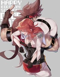 Rule 34 | 1boy, 1girl, ahoge, arc system works, aria (guilty gear), ass, blush, bodysuit, breasts, brown hair, carrying, couple, embarrassed, english text, from behind, gloves, guilty gear, guilty gear strive, guilty gear xrd, highres, jack-o&#039; valentine, large breasts, long hair, nyantcha, open mouth, pantylines, ponytail, red hair, shiny clothes, shiny skin, skin tight, smile, sol badguy, spoilers, very long hair