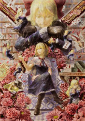 Rule 34 | 6+girls, absurdres, alice margatroid, apron, black hair, blonde hair, blue eyes, book, bookshelf, boots, bow, capelet, card, carrying, chair, checkered floor, colorized, crossed arms, cup, desk, dress, closed eyes, flower, flying, goliath doll, graphite (medium), green eyes, hair bow, hairband, hakurei reimu, hat, highres, hiru, kirisame marisa, crossed legs, long hair, looking at another, mixed media, multiple girls, neck ribbon, open book, outstretched arm, petals, reading, red eyes, ribbon, rose, rose petals, shanghai doll, short hair, sitting, smile, stretching, sword, teacup, third-party edit, touhou, traditional media, watering can, weapon, witch hat, yellow eyes, yin yang
