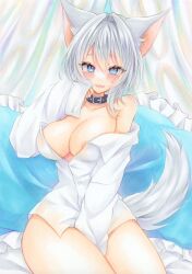 Rule 34 | 1girl, animal ears, areola slip, black collar, blue eyes, breasts, cleavage, collar, commentary request, grey hair, hair intakes, highres, large breasts, long sleeves, medium hair, natsume nadeshiko, open mouth, original, shirt, sitting, solo, tail, white shirt