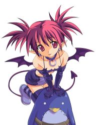 Rule 34 | 1girl, :p, absurdres, bad id, bad pixiv id, bat wings, bird, demon girl, derivative work, detached sleeves, disgaea, doll, earrings, etna (disgaea), highres, jewelry, morrow (hitodama-x), penguin, pointy ears, prinny, red eyes, red hair, skirt, skull, solo, tongue, tongue out, transparent background, wings