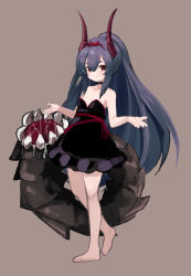 Rule 34 | 1girl, bare shoulders, barefoot, black dress, black hair, bow, brown background, closed mouth, collarbone, dress, full body, hair between eyes, hair bow, hairband, hands up, highres, horns, long hair, noa (nagareboshi), original, ponytail, red bow, red eyes, red hairband, saliva, sharp teeth, short eyebrows, sidelocks, simple background, smile, solo, standing, standing on one leg, strapless, strapless dress, teeth, thick eyebrows, very long hair, white background