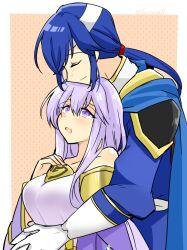 Rule 34 | 1boy, 1girl, bare shoulders, blue hair, breasts, brother and sister, cape, chin rest, circlet, closed eyes, commentary request, dress, fire emblem, fire emblem: genealogy of the holy war, head on head, head rest, headband, hug, hug from behind, julia (fire emblem), large breasts, long hair, medium breasts, nintendo, open mouth, purple eyes, purple hair, seliph (fire emblem), siblings, smile, white headband, yukia (firstaid0)