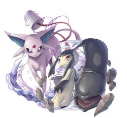 Rule 34 | closed mouth, commentary request, creatures (company), espeon, extra mouth, forked tail, game freak, gen 2 pokemon, gen 3 pokemon, looking at viewer, looking back, mawile, nintendo, pokemon, pokemon (creature), red eyes, rock, standing, tail, tomosatooon