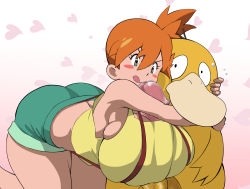 Rule 34 | 1girl, alternate breast size, asb2, ass, bare shoulders, bent over, between breasts, blush stickers, breasts, censored, creatures (company), crop top, curvy, game freak, gen 1 pokemon, happy, heart, hug, huge breasts, huge penis, misty (pokemon), mosaic censoring, nintendo, orange hair, paizuri, penis, pokemon, pokemon (anime), pokemon (creature), ponytail, psyduck, shorts, sideboob, sleeveless, smile, suspenders, thick thighs, thighs, wide hips
