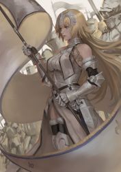 Rule 34 | 1girl, absurdres, armor, armored dress, bare shoulders, black thighhighs, blonde hair, blue eyes, breasts, chain, fate/apocrypha, fate/grand order, fate (series), faulds, flag, from side, fur trim, gauntlets, hair between eyes, halterneck, headpiece, highres, holding, holding flag, jeanne d&#039;arc (fate), jeanne d&#039;arc (ruler) (fate), jeanne d&#039;arc (third ascension) (fate), knight, large breasts, long hair, peperon (peperou), plackart, sheath, sheathed, standard bearer, standing, thighhighs