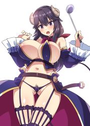 Rule 34 | 1girl, :o, absurdres, areola slip, black hair, bow, bowtie, breasts, cosplay, demon girl, demon horns, detached sleeves, female pubic hair, gluteal fold, harigane shinshi, highres, holding, holding ladle, horns, huge breasts, ladle, machikado mazoku, mature female, medium hair, navel, open mouth, pubic hair, purple eyes, revealing clothes, simple background, solo, sweatdrop, thighhighs, white background, yoshida seiko, yoshida yuuko (machikado mazoku), yoshida yuuko (machikado mazoku) (cosplay)