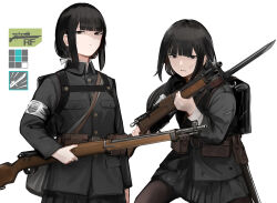 Rule 34 | 1girl, ammunition pouch, arisaka, armband, backpack, bag, bayonet, belt pouch, black bag, black eyes, black hair, black jacket, black skirt, blunt bangs, bolt action, breast pocket, buttons, closed mouth, cowboy shot, expressionless, fighting stance, gameplay mechanics, girls&#039; frontline, griffin &amp; kryuger, gun, gun sling, highres, holding, holding gun, holding weapon, jacket, long hair, long sleeves, looking at viewer, low ponytail, miniskirt, multiple views, original, pleated skirt, pocket, pouch, rampart1028, rifle, sheath, sidelocks, simple background, skirt, torn clothes, arisaka, uniform, unsheathed, weapon, white background, wing collar