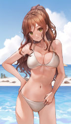 Rule 34 | 1girl, armpits, bang dream!, bare arms, bare shoulders, bikini, blue sky, breasts, brown hair, cleavage, closed mouth, cloud, collarbone, cowboy shot, day, green eyes, halterneck, hand on own hip, highres, imai lisa, large breasts, long hair, looking at viewer, lunacle, navel, ocean, outdoors, ponytail, sky, solo, standing, stomach, string bikini, swimsuit, thighs, water, white bikini