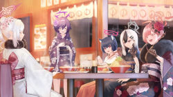 Rule 34 | 5girls, ^ ^, absurdres, animal ears, aru (blue archive), aru (new year) (blue archive), black gloves, black hair, black kimono, blue archive, blurry, blurry background, bowl, cat ears, closed eyes, closed mouth, cup, ear piercing, closed eyes, flower, food, fur shawl, gloves, gradient hair, hair bun, hair flower, hair ornament, hairband, hakama, halo, haruka (blue archive), haruka (new year) (blue archive), highres, holding, holding cup, horns, japanese clothes, kayoko (blue archive), kayoko (new year) (blue archive), kimono, kimono skirt, koseikogani, lace, lace gloves, long hair, looking at viewer, multicolored hair, multiple girls, mutsuki (blue archive), mutsuki (new year) (blue archive), noodles, notice lines, obi, open mouth, own hands together, palms together, piercing, pink hair, plate, ponytail, purple kimono, sash, serika (blue archive), serika (new year) (blue archive), shawl, sitting, smile, standing, steam, table, two-tone hair, white hair, white kimono, yukata