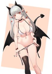 Rule 34 | 1girl, bikini, bikini pull, black choker, black horns, black thighhighs, bracelet, breasts, choker, clothes pull, demon girl, demon horns, dutch angle, ear piercing, front-tie bikini top, front-tie top, halterneck, heart, highres, horns, jewelry, kourui, large breasts, lilith (scarlettear33), long hair, looking at viewer, low wings, mole, mole under eye, navel, original, piercing, pointy ears, red eyes, ring, side-tie bikini bottom, silver hair, single thighhigh, skindentation, slit pupils, solo, standing, stomach, string bikini, swimsuit, tail, thighhighs, undressing, white bikini, wings