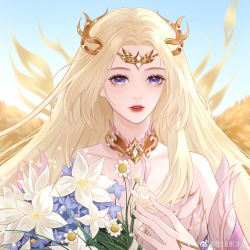 Rule 34 | 1girl, absurdres, bare shoulders, bibi dong zhuye, blonde hair, blue sky, bouquet, douluo dalu, dress, flower, hair ornament, hand on own chest, highres, long hair, mother&#039;s day, qian renxue (douluo dalu), sky, solo, upper body, white dress, yellow wings