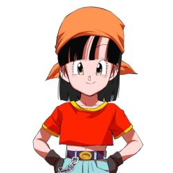 Rule 34 | 1girl, ^ ^, animated, animated gif, belt, black eyes, black hair, blush, chain, closed eyes, denim, dragon ball, dragon ball gt, closed eyes, female focus, frown, gloves, hands on own hips, head scarf, jeans, laughing, looking at viewer, lowres, navel, ochanoko (get9-sac), open mouth, pan (dragon ball), pants, red shirt, shaded face, shirt, simple background, smile, solo, ugoira, upper body, white background